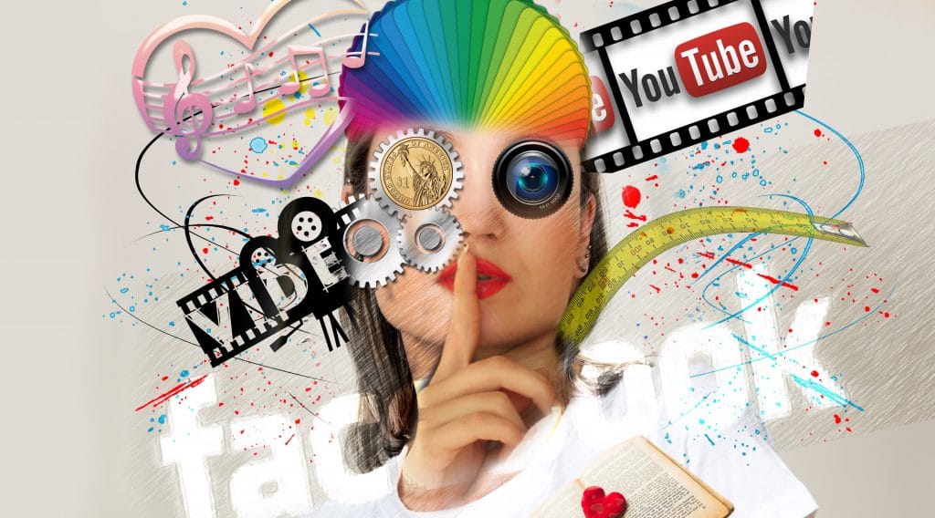 Hushing woman made up of social media components.